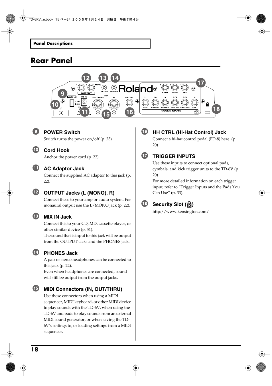 Rear panel | Roland TD-6V User Manual | Page 18 / 148