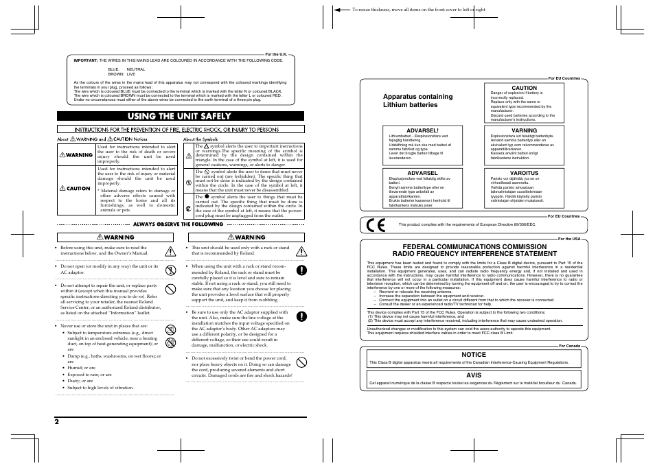 Apparatus containing lithium batteries, Notice avis | Roland TD-6V User Manual | Page 2 / 148
