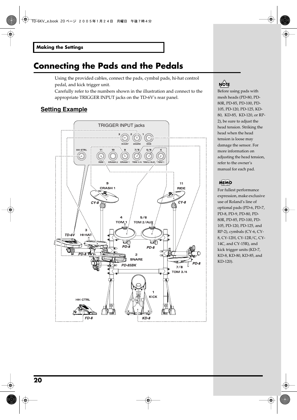 Connecting the pads and the pedals, Setting example | Roland TD-6V User Manual | Page 20 / 148