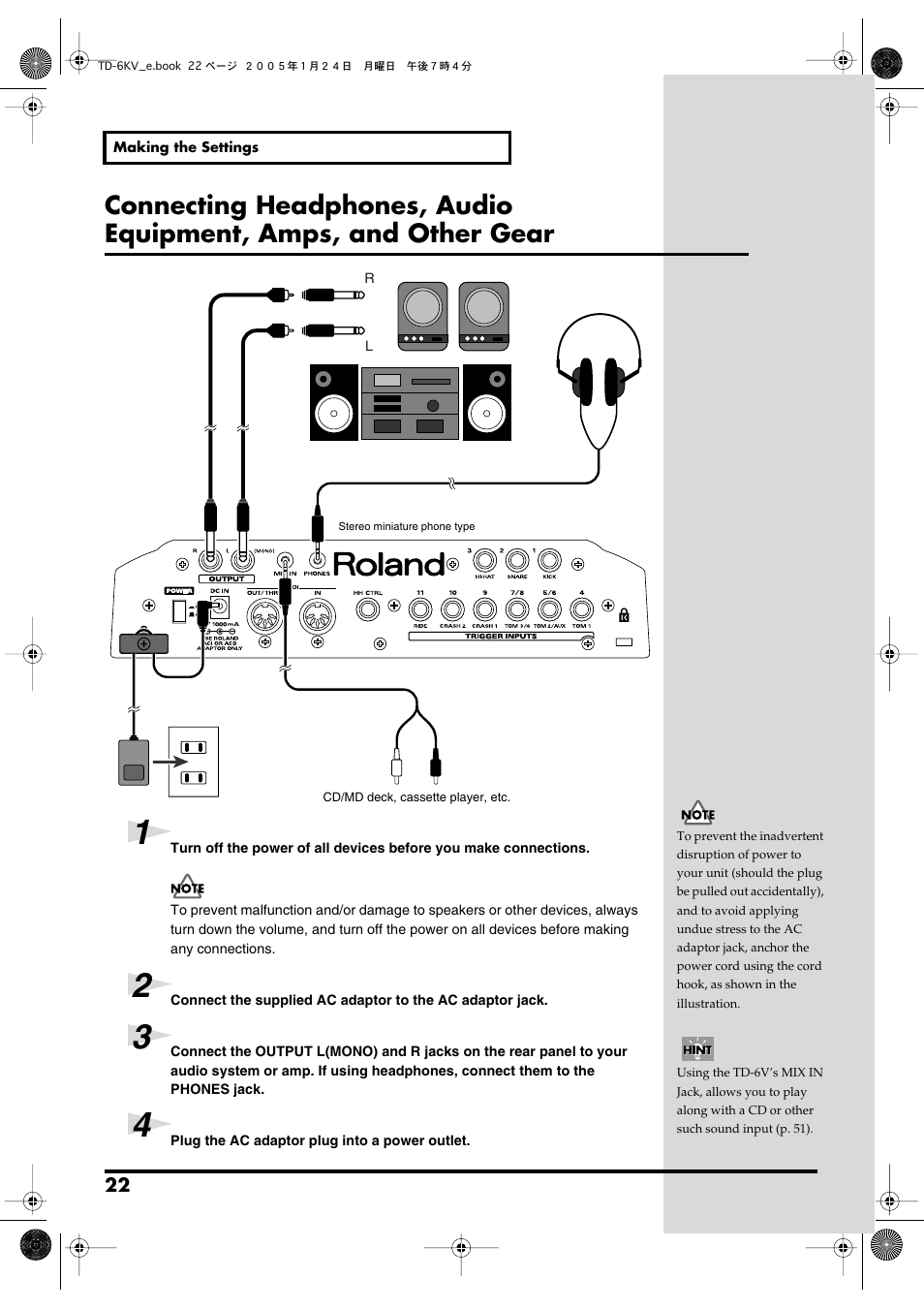 Anchor the power cord (p. 22), Monaural output use the l/mono jack (p. 22), This jack (p. 22) | Roland TD-6V User Manual | Page 22 / 148