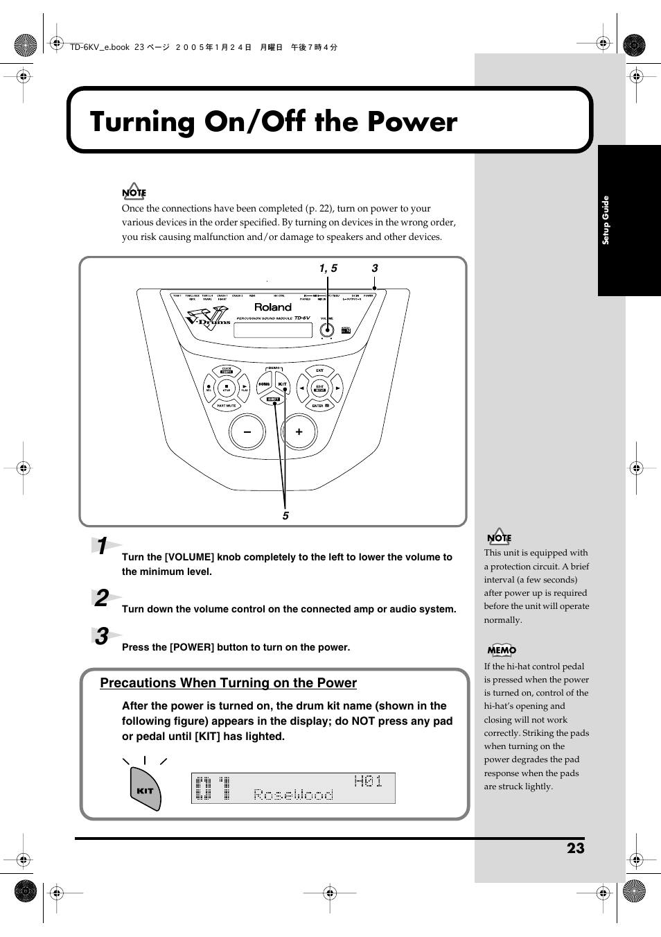 Turning on/off the power, Switch turns the power on/off (p. 23) | Roland TD-6V User Manual | Page 23 / 148