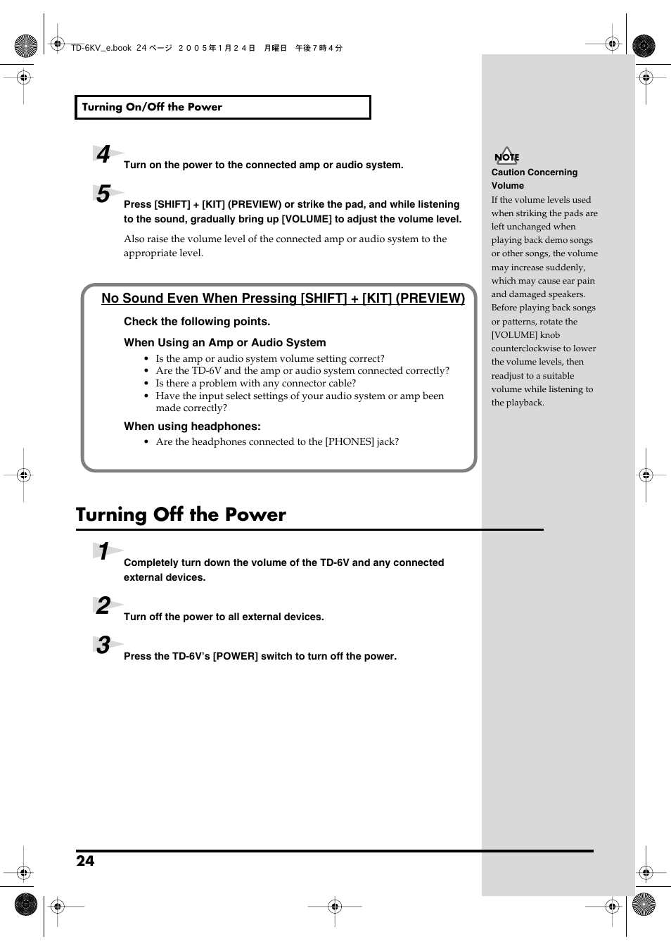 Turning off the power, Adjusts the volume of the td-6v (p. 24). even | Roland TD-6V User Manual | Page 24 / 148