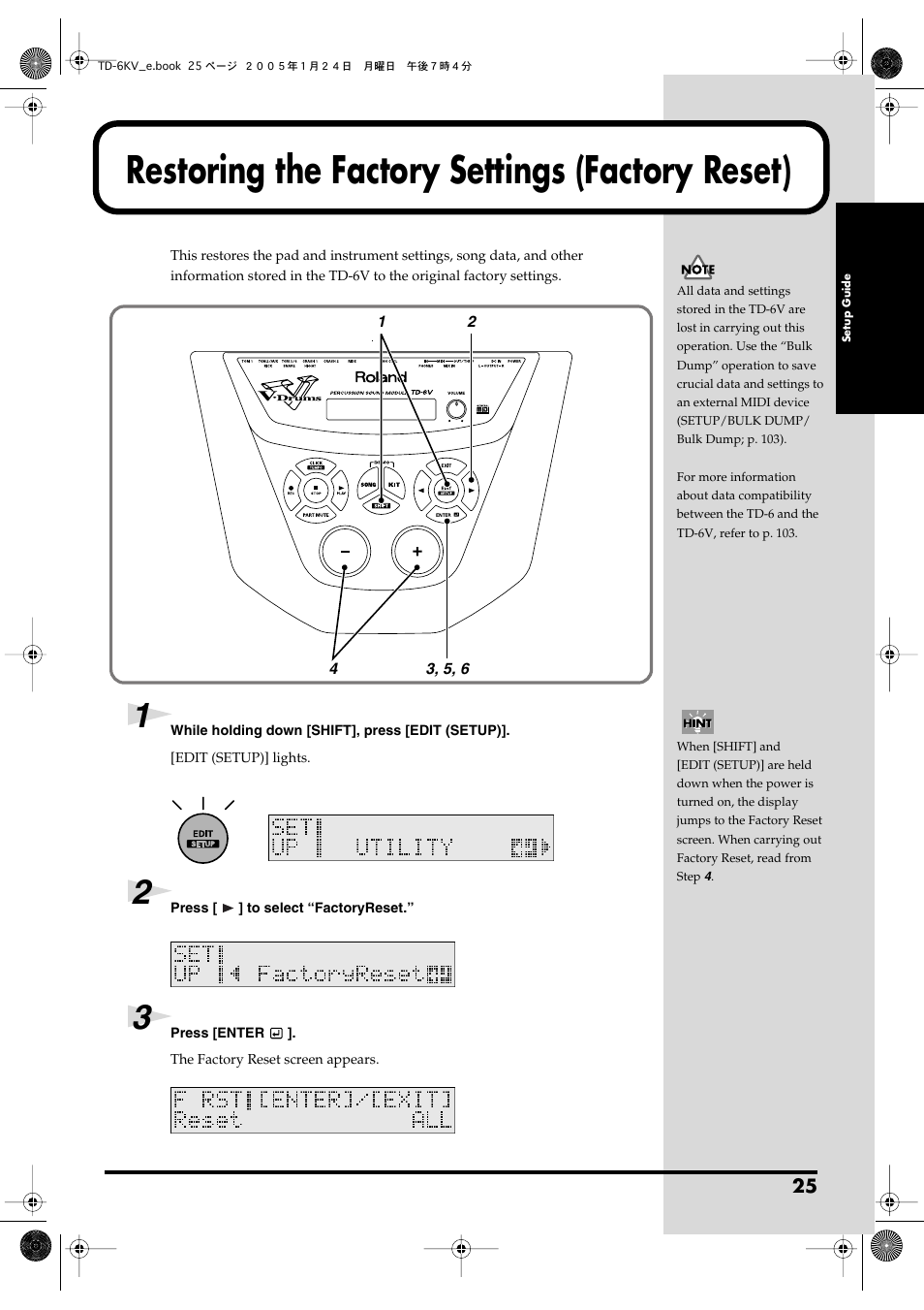 Restoring the factory settings (factory reset) | Roland TD-6V User Manual | Page 25 / 148