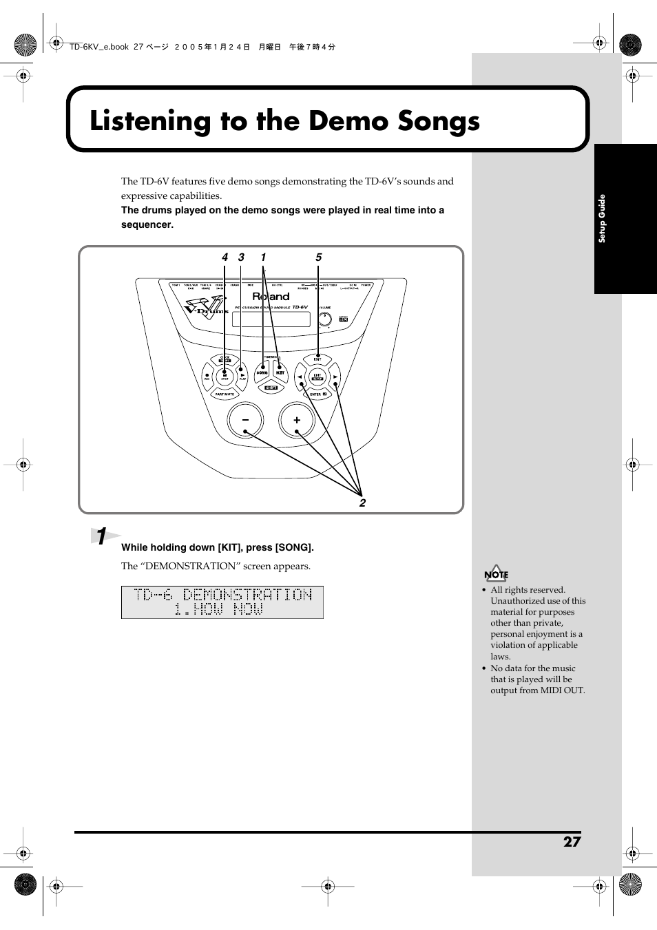 Listening to the demo songs | Roland TD-6V User Manual | Page 27 / 148