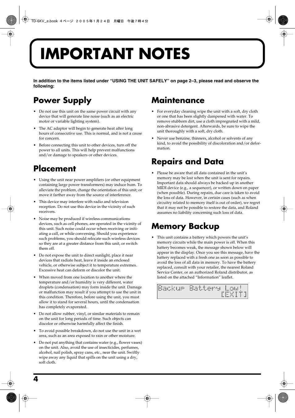 Important notes, Power supply, Placement | Maintenance, Repairs and data | Roland TD-6V User Manual | Page 4 / 148