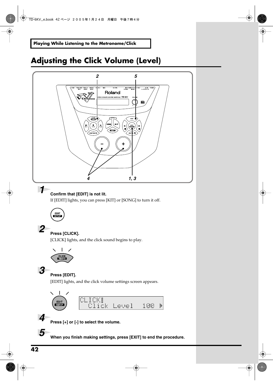 Adjusting the click volume (level) | Roland TD-6V User Manual | Page 42 / 148