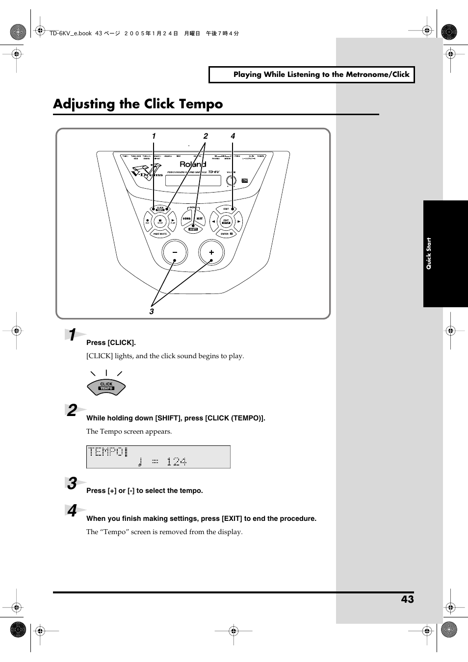 Adjusting the click tempo, P. 43, p. 47), Screen (p. 43, p. 47) | Roland TD-6V User Manual | Page 43 / 148