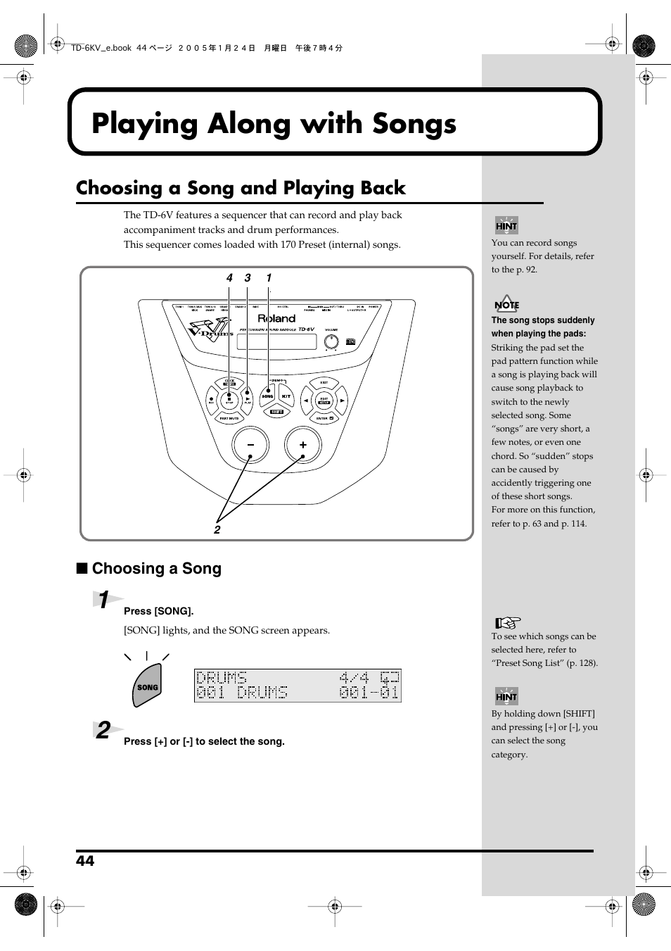 Playing along with songs, Choosing a song and playing back, Choosing a song | Song #1 (p. 44), you can | Roland TD-6V User Manual | Page 44 / 148