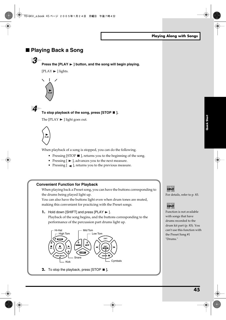 Playing back a song, Stop song playback (p. 45). when pressed, Play back the song (p. 45). starts recording if | Units (p. 45). you can select the kit in the kit, Are lit (p. 45) | Roland TD-6V User Manual | Page 45 / 148