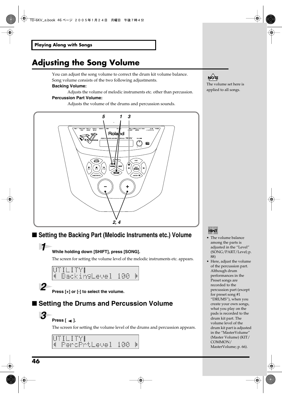 Adjusting the song volume, Setting the drums and percussion volume, Other instruments) (p. 46) | Roland TD-6V User Manual | Page 46 / 148