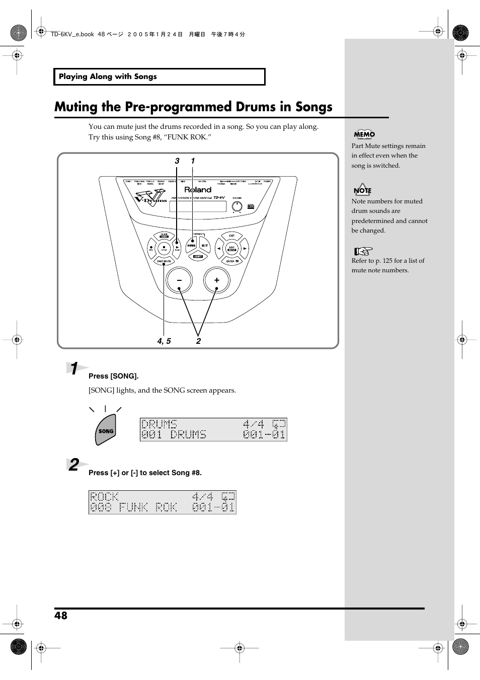 Muting the pre-programmed drums in songs, When playing with preset songs (p. 48, p. 77), Mutes the performance of specified parts (p. 48) | Roland TD-6V User Manual | Page 48 / 148