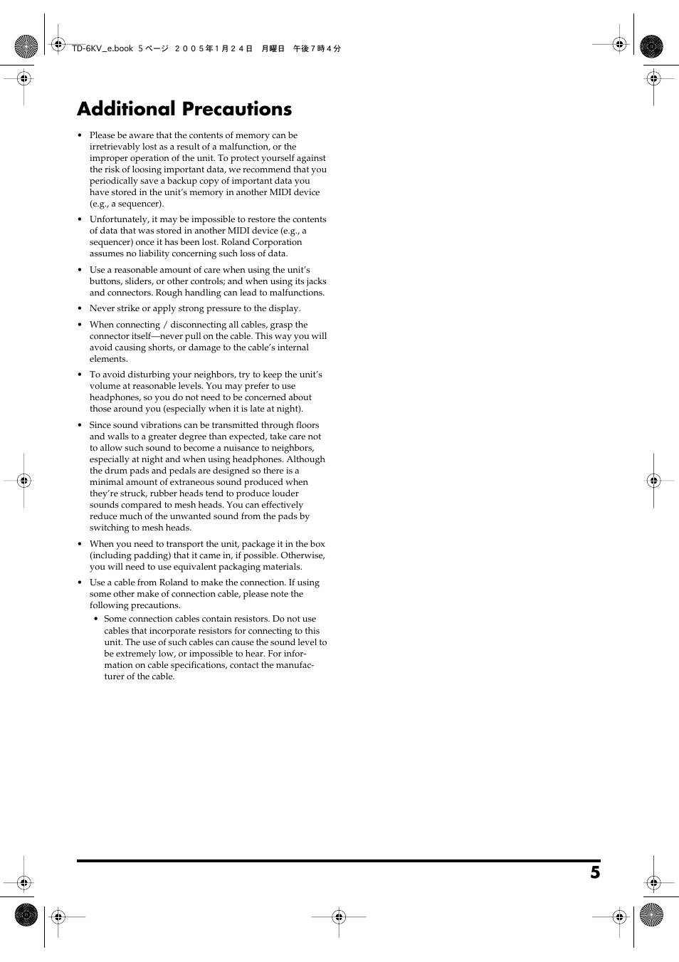 Additional precautions | Roland TD-6V User Manual | Page 5 / 148