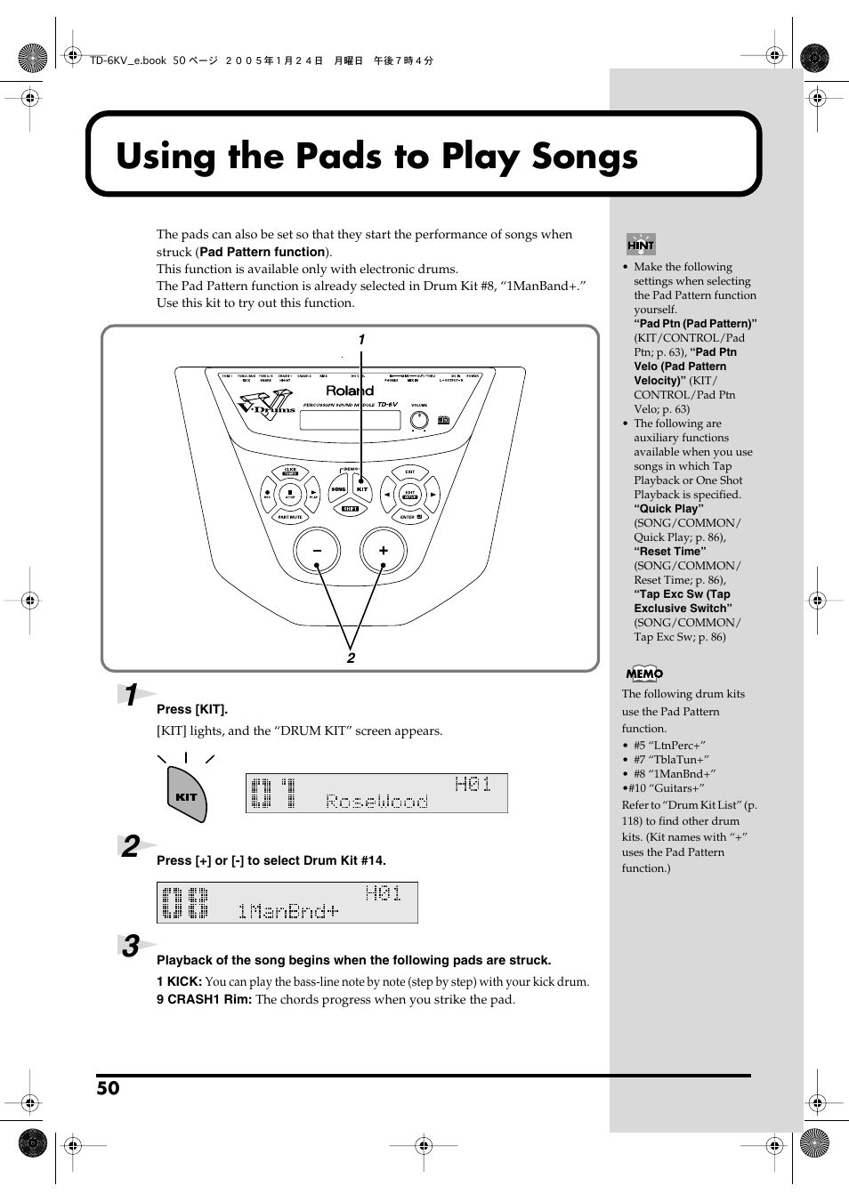 Using the pads to play songs | Roland TD-6V User Manual | Page 50 / 148