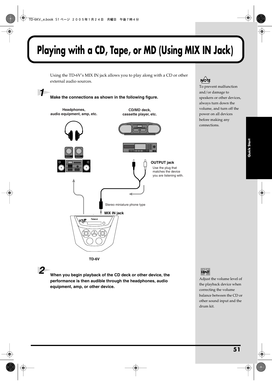 Playing with a cd, tape, or md (using mix in jack), Other similar device (p. 51) | Roland TD-6V User Manual | Page 51 / 148
