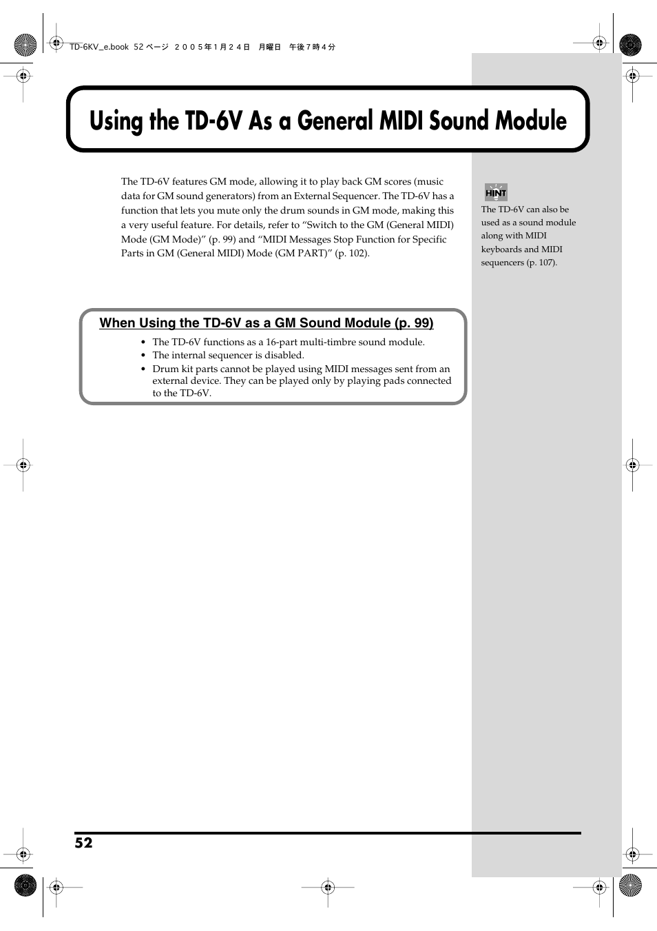 Using the td-6v as a general midi sound module, Support for general midi (p. 52, p. 99) | Roland TD-6V User Manual | Page 52 / 148