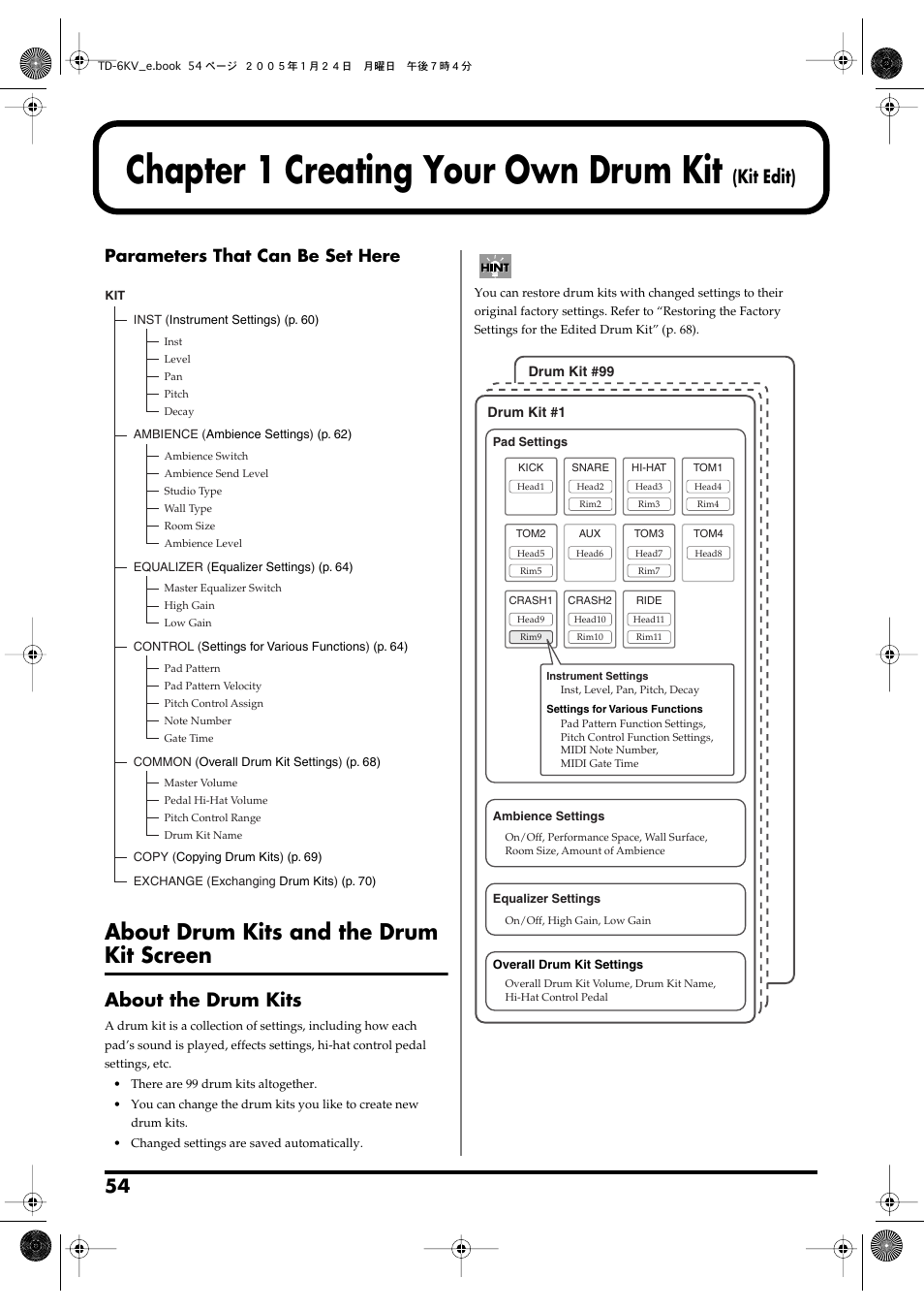 Chapter 1 creating your own drum kit (kit edit), About drum kits and the drum kit screen, About the drum kits | P. 54, Details, refer to p. 54, Chapter 1 creating your own drum kit, About drum kits and the drum, Kit screen, Kit edit), Parameters that can be set here | Roland TD-6V User Manual | Page 54 / 148