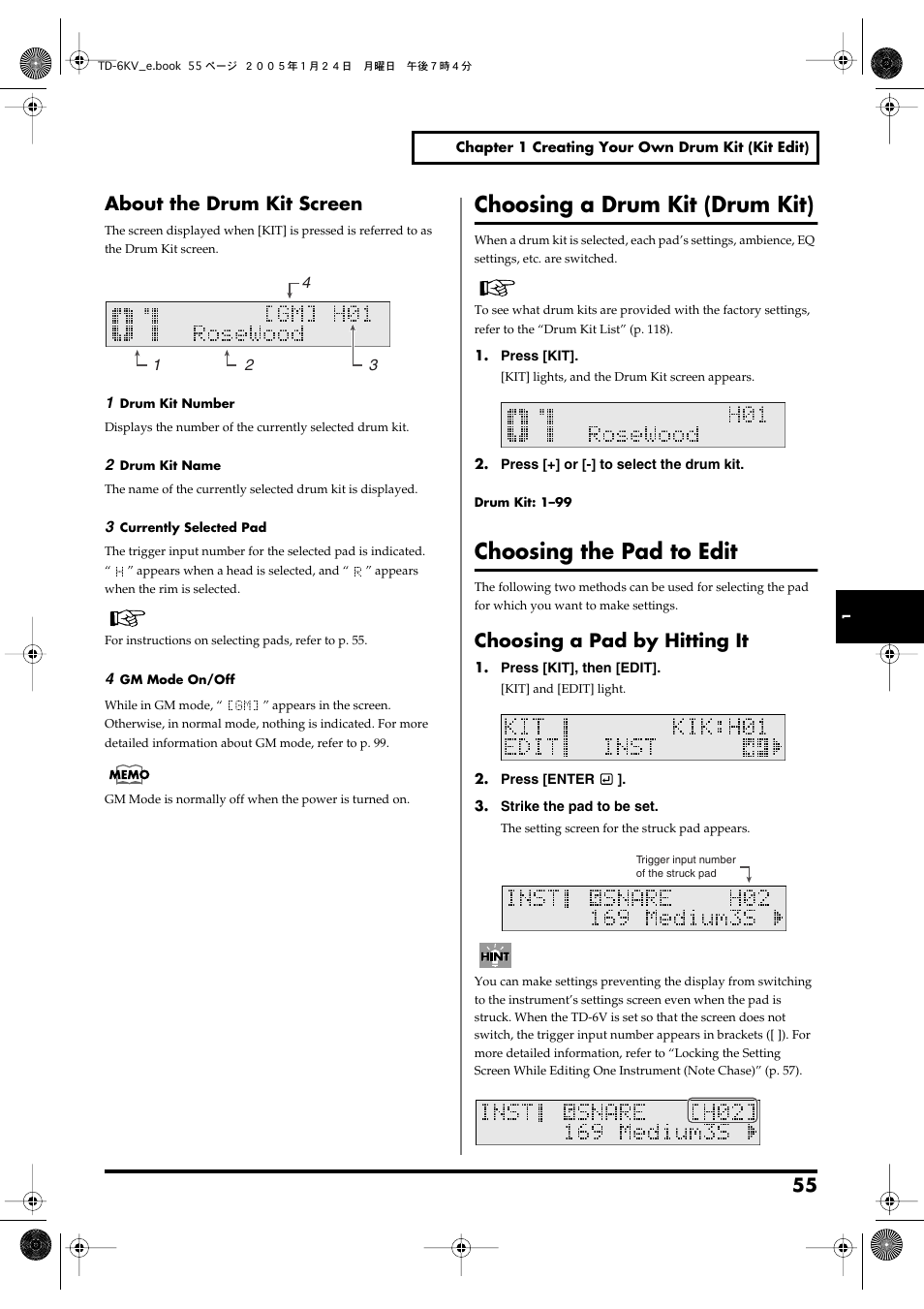 About the drum kit screen, Choosing a drum kit (drum kit), Choosing the pad to edit | Choosing a pad by hitting it | Roland TD-6V User Manual | Page 55 / 148