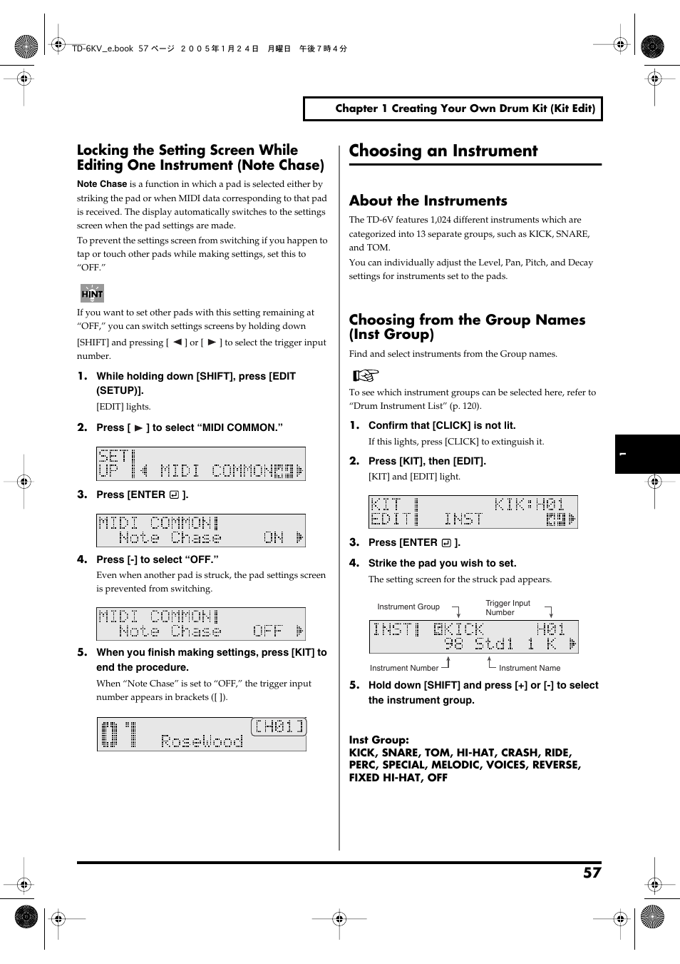 Choosing an instrument, About the instruments, Choosing from the group names (inst group) | Note chase), And song categories (p. 57 | Roland TD-6V User Manual | Page 57 / 148
