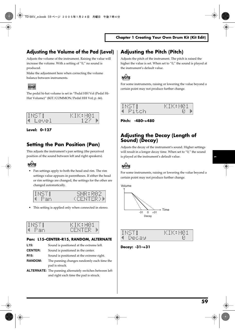 Adjusting the volume of the pad (level), Setting the pan position (pan), Adjusting the pitch (pitch) | Adjusting the decay (length of sound) (decay) | Roland TD-6V User Manual | Page 59 / 148