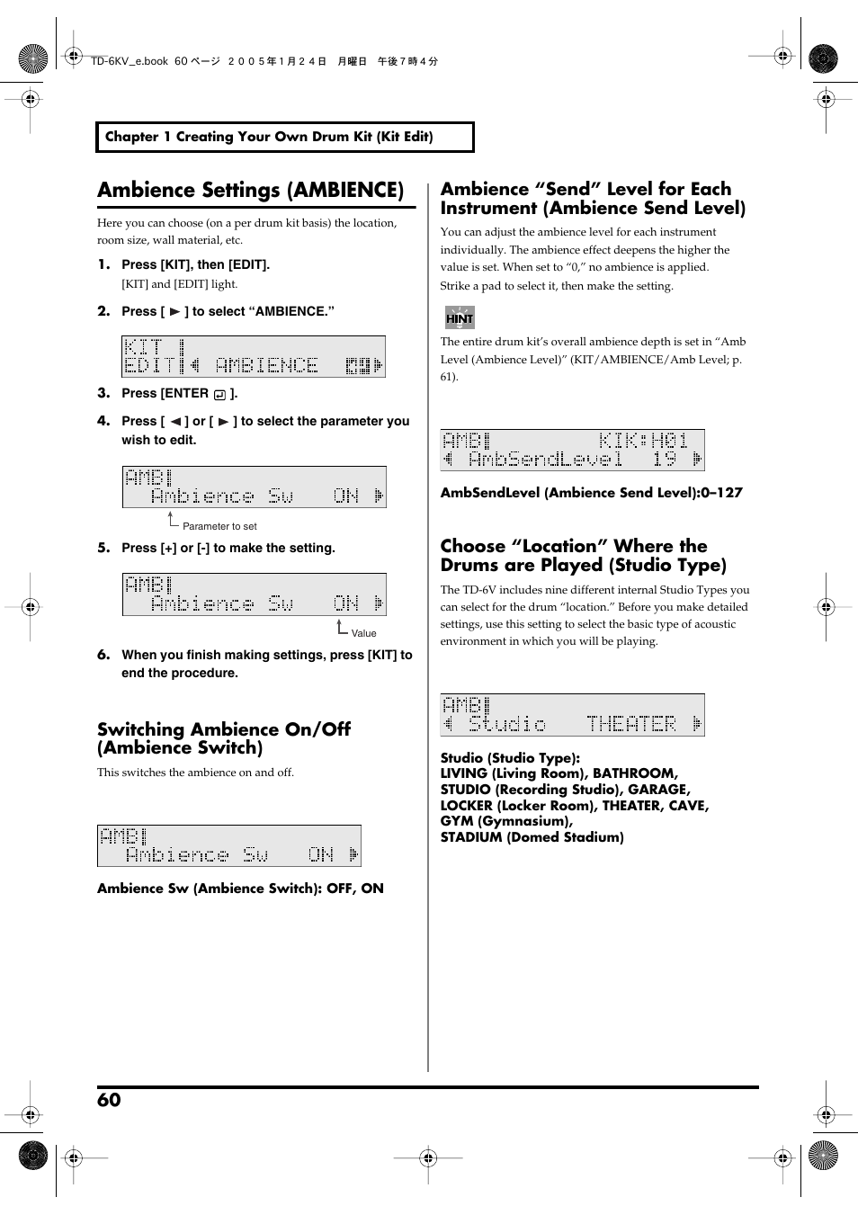 Ambience settings (ambience), Switching ambience on/off (ambience switch) | Roland TD-6V User Manual | Page 60 / 148