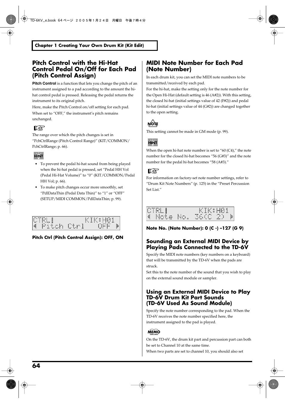 Midi note number for each pad (note number) | Roland TD-6V User Manual | Page 64 / 148