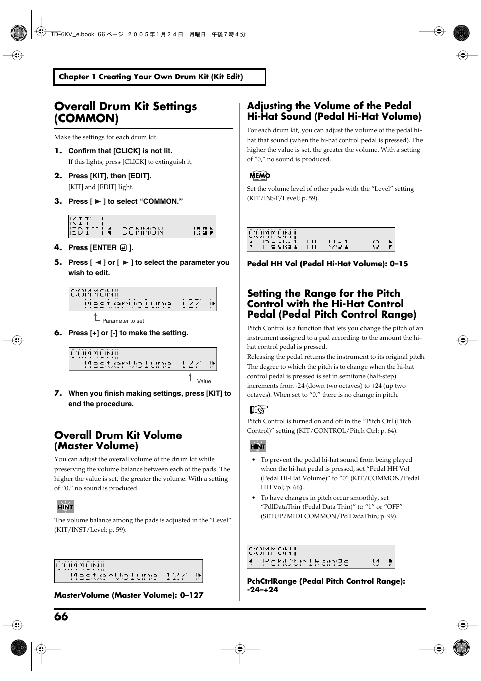 Overall drum kit settings (common), Overall drum kit volume (master volume), Pchctrlrange; p. 66) | Hh vol; p. 66), Overall drum kit settings, Common) | Roland TD-6V User Manual | Page 66 / 148