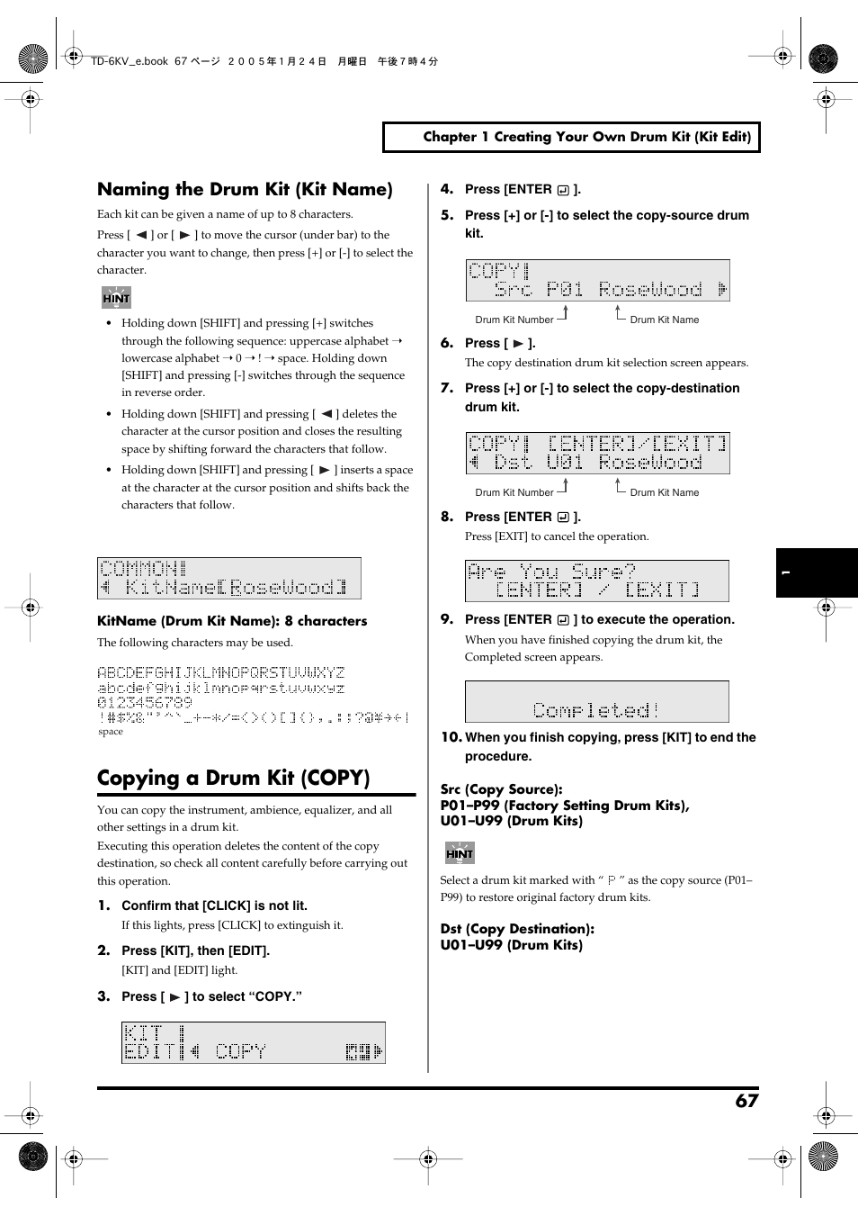 Naming the drum kit (kit name), Copying a drum kit (copy), Names (p. 67, p. 87) | Roland TD-6V User Manual | Page 67 / 148