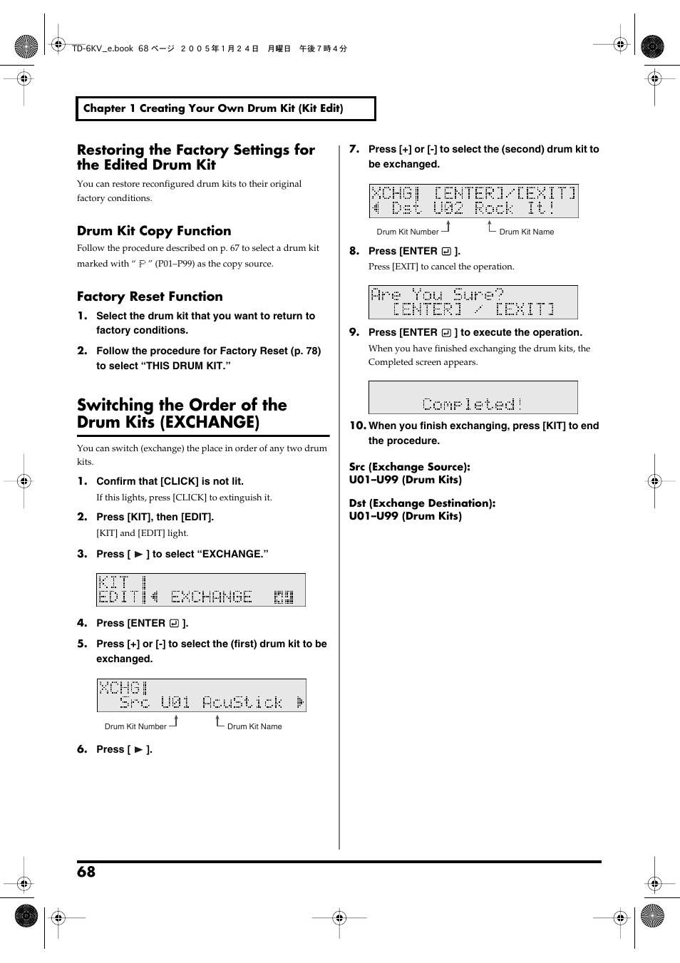 Switching the order of the drum kits (exchange), Switching the order of the, Drum kits (exchange) | Drum kit copy function, Factory reset function | Roland TD-6V User Manual | Page 68 / 148