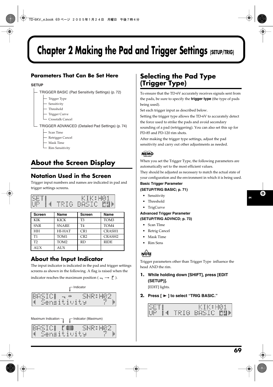 About the screen display, Notation used in the screen, About the input indicator | Selecting the pad type (trigger type), Chapter 2 making the pad and trigger settings, Setup/trig), The pads, P. 69, The td-6v (setup; p. 69, p. 76, Parameters that can be set here | Roland TD-6V User Manual | Page 69 / 148