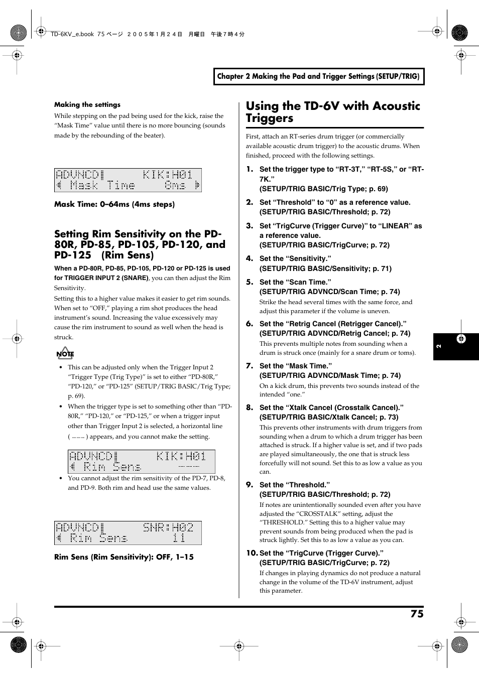 Using the td-6v with acoustic triggers | Roland TD-6V User Manual | Page 75 / 148