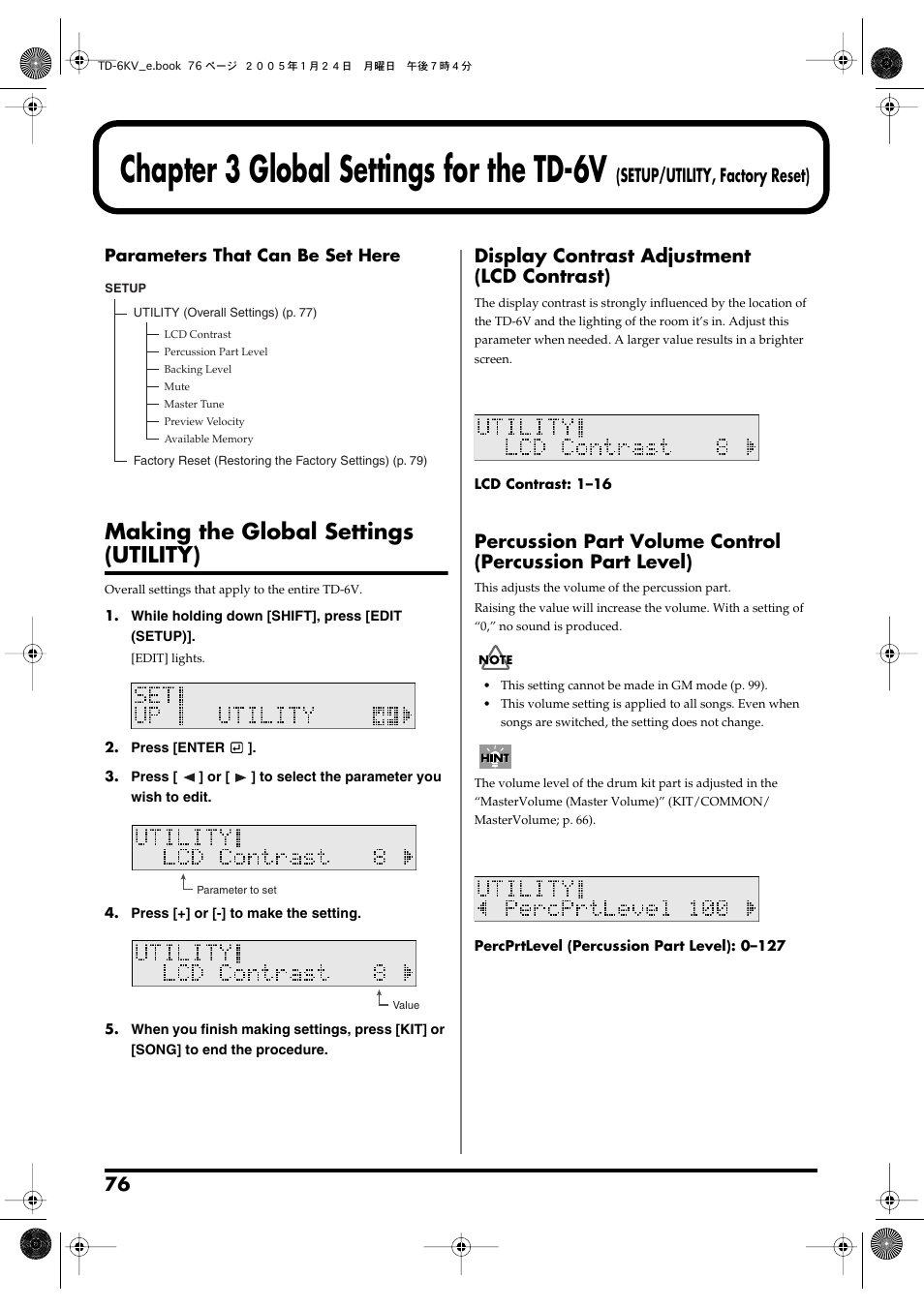 Making the global settings (utility), Display contrast adjustment (lcd contrast), Chapter 3 td-6v settings | P. 76, Chapter 3 global settings for the td-6v, Setup/utility, factory reset), Parameters that can be set here | Roland TD-6V User Manual | Page 76 / 148