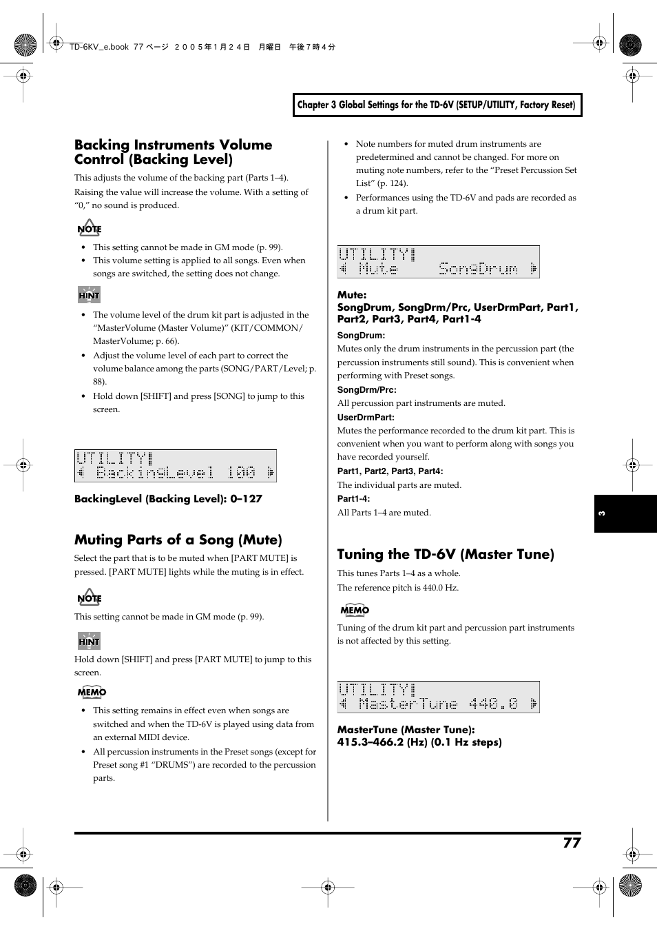 Backing instruments volume control (backing level), Muting parts of a song (mute), Tuning the td-6v (master tune) | For muting parts (p. 77) | Roland TD-6V User Manual | Page 77 / 148