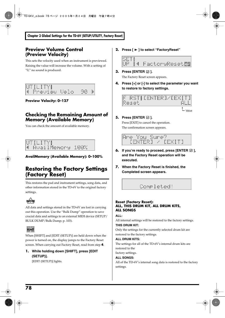 Preview volume control (preview velocity), Restoring the factory settings (factory reset) | Roland TD-6V User Manual | Page 78 / 148