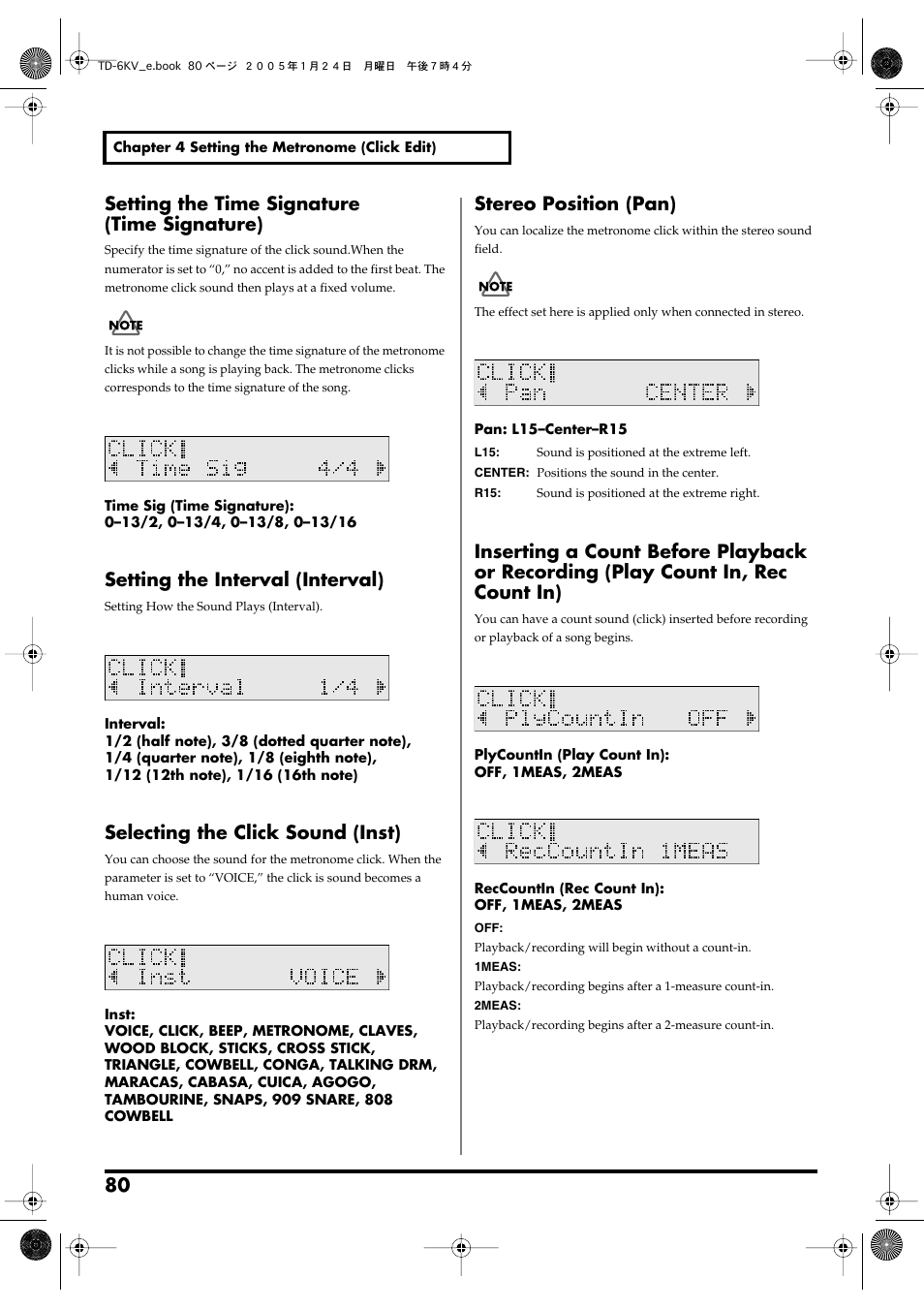 Setting the time signature (time signature), Setting the interval (interval), Selecting the click sound (inst) | Stereo position (pan), Play count in, rec count in) | Roland TD-6V User Manual | Page 80 / 148