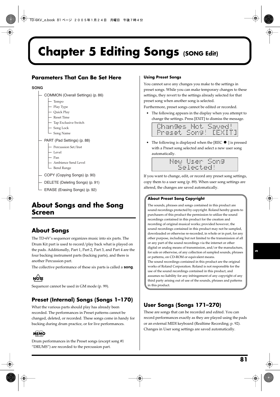 Chapter 5 editing songs (song edit), About songs and the song screen, About songs | Chapter 5 editing songs, Song edit) | Roland TD-6V User Manual | Page 81 / 148