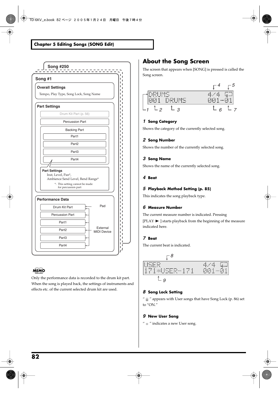 About the song screen, Calls up the song’s basic settings screen (p. 82) | Roland TD-6V User Manual | Page 82 / 148
