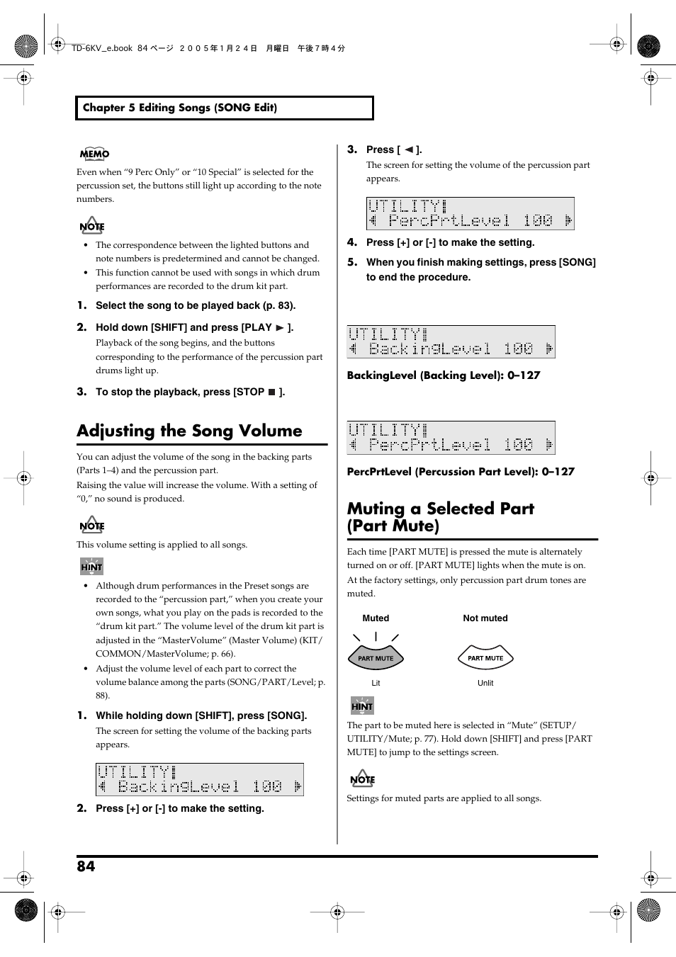 Adjusting the song volume, Muting a selected part (part mute) | Roland TD-6V User Manual | Page 84 / 148