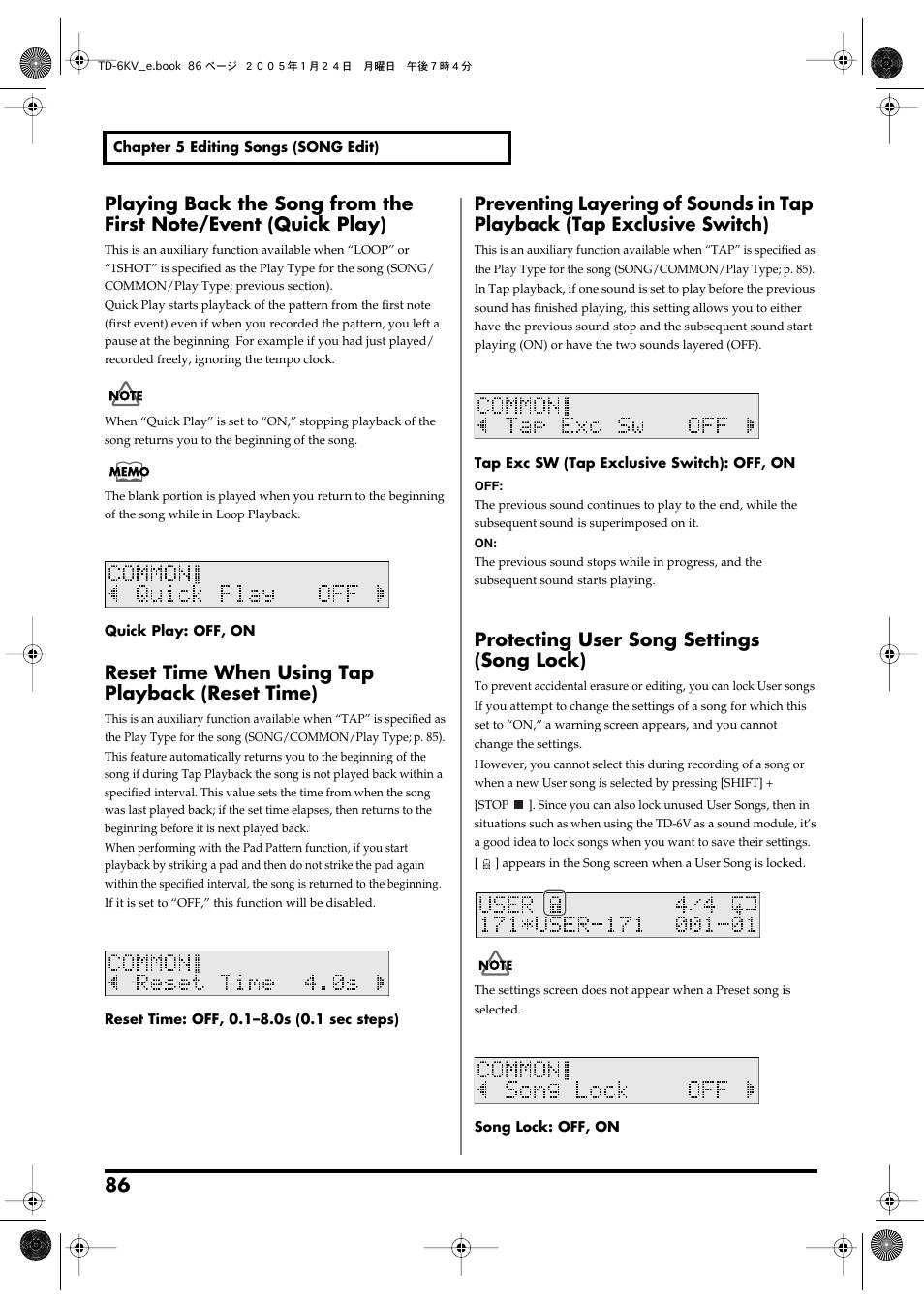 Reset time when using tap playback (reset time), Protecting user song settings (song lock), Quick play; p. 86) | Reset time; p. 86), Tap exc sw; p. 86), Common/tap exc sw; p. 86), Common/song lock; p. 86) set to “on” cannot be | Roland TD-6V User Manual | Page 86 / 148