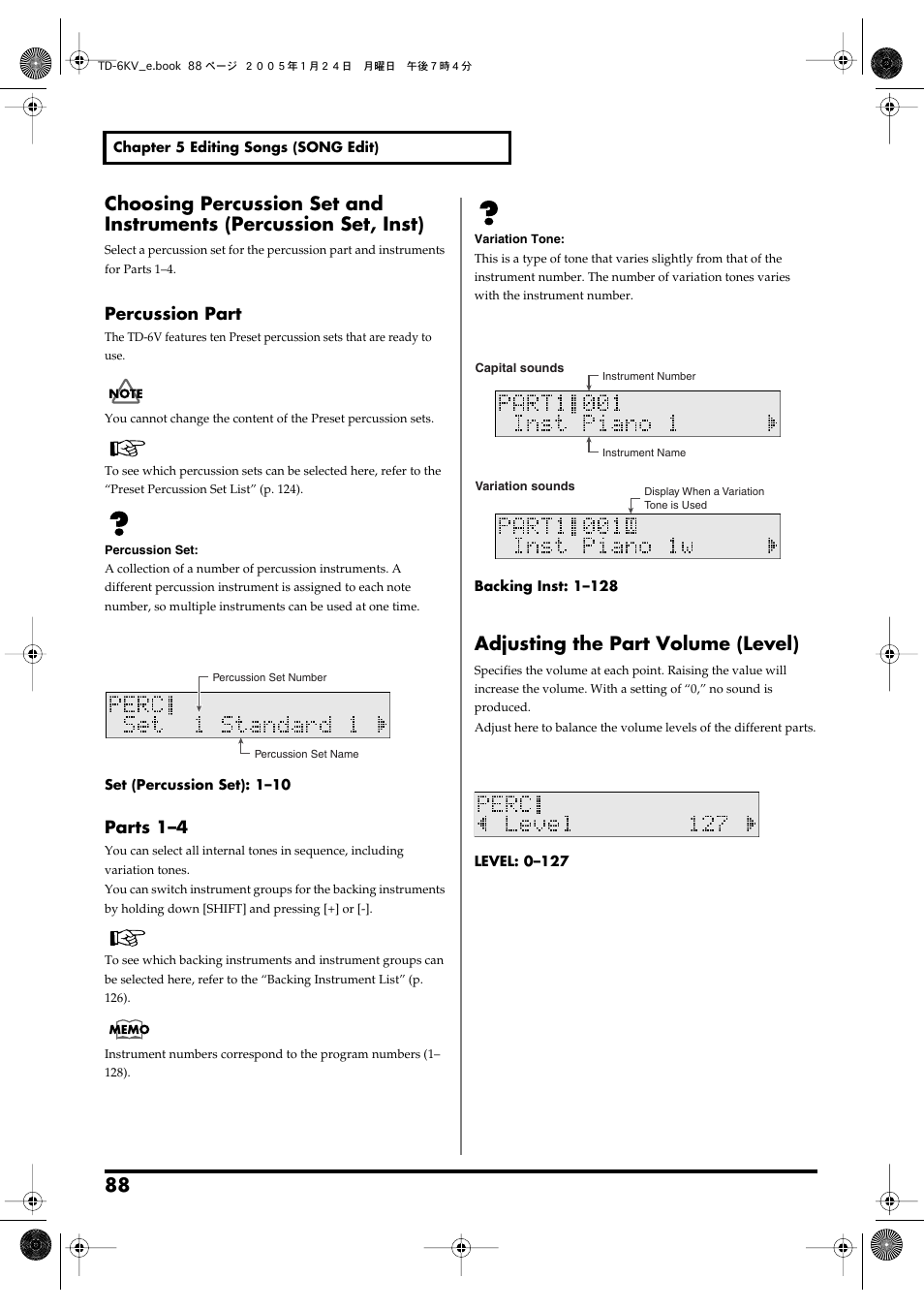 Adjusting the part volume (level), Percussion part, Parts 1–4 | Roland TD-6V User Manual | Page 88 / 148