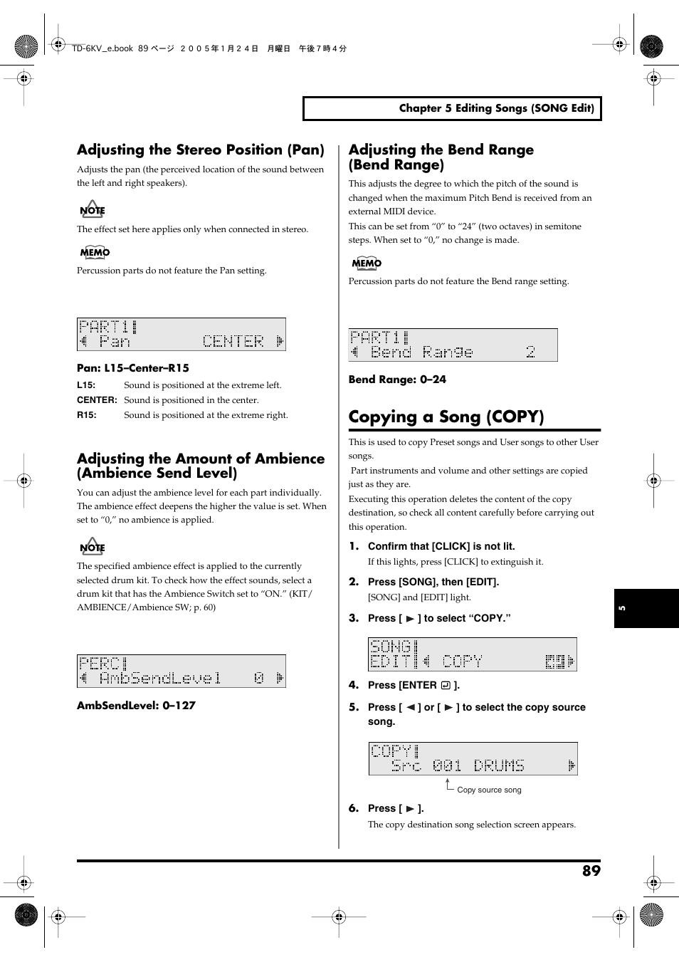 Adjusting the stereo position (pan), Adjusting the bend range (bend range), Copying a song (copy) | The changes (song/copy; p. 89). changes made to a | Roland TD-6V User Manual | Page 89 / 148