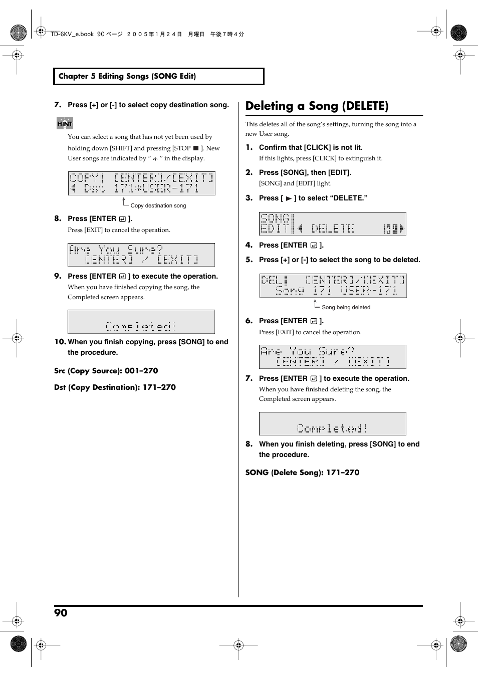 Deleting a song (delete) | Roland TD-6V User Manual | Page 90 / 148