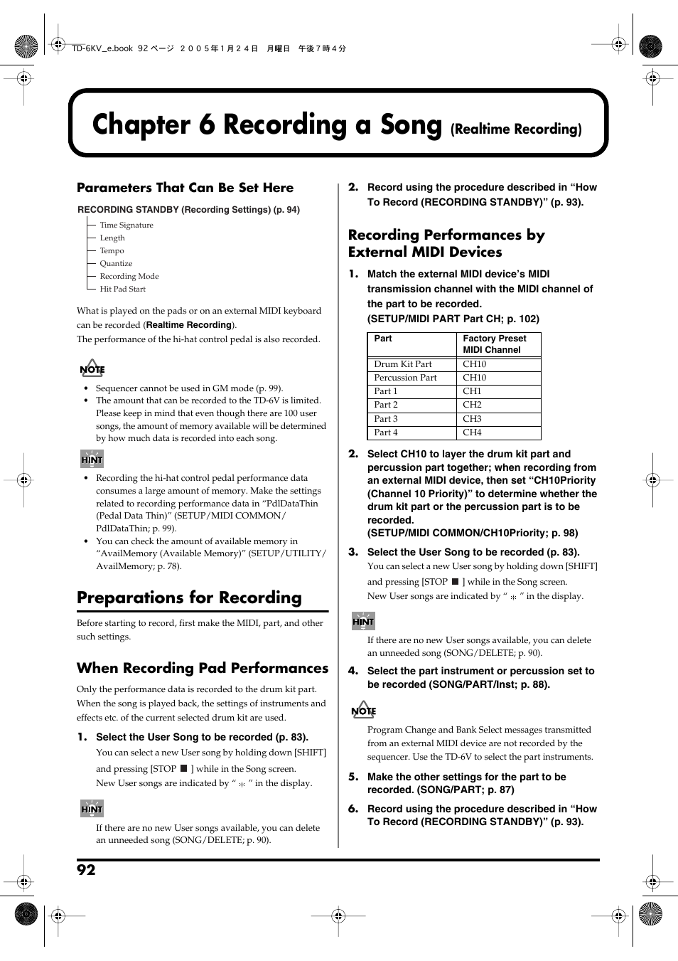 Chapter 6 recording a song (realtime recording), Preparations for recording, When recording pad performances | Recording performances by external midi devices, Chapter 6 recording a song, Realtime recording), P. 92), Parameters that can be set here | Roland TD-6V User Manual | Page 92 / 148