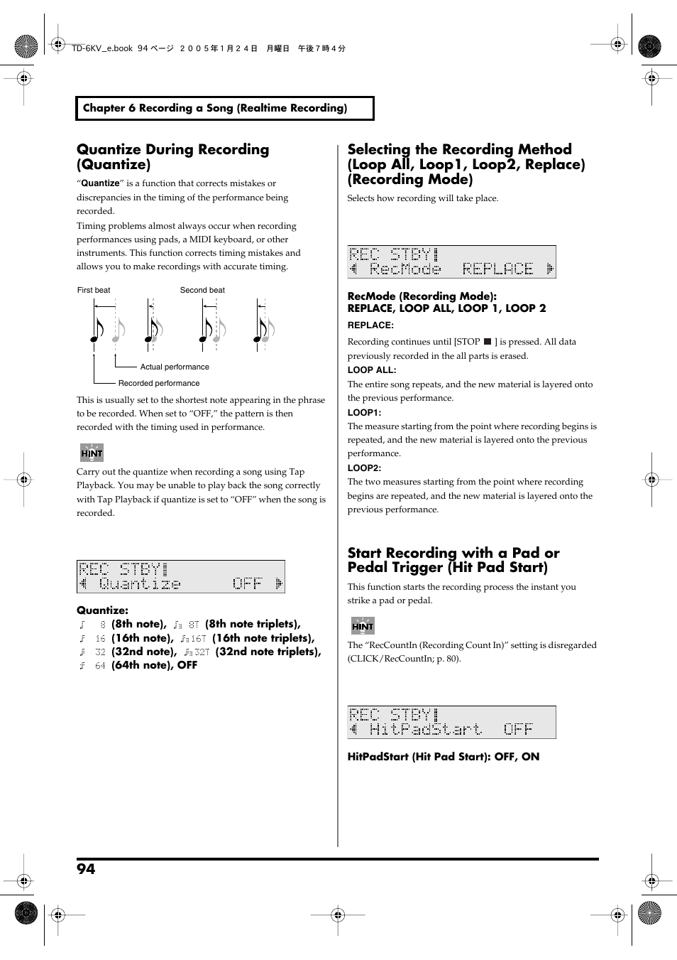Quantize during recording (quantize) | Roland TD-6V User Manual | Page 94 / 148