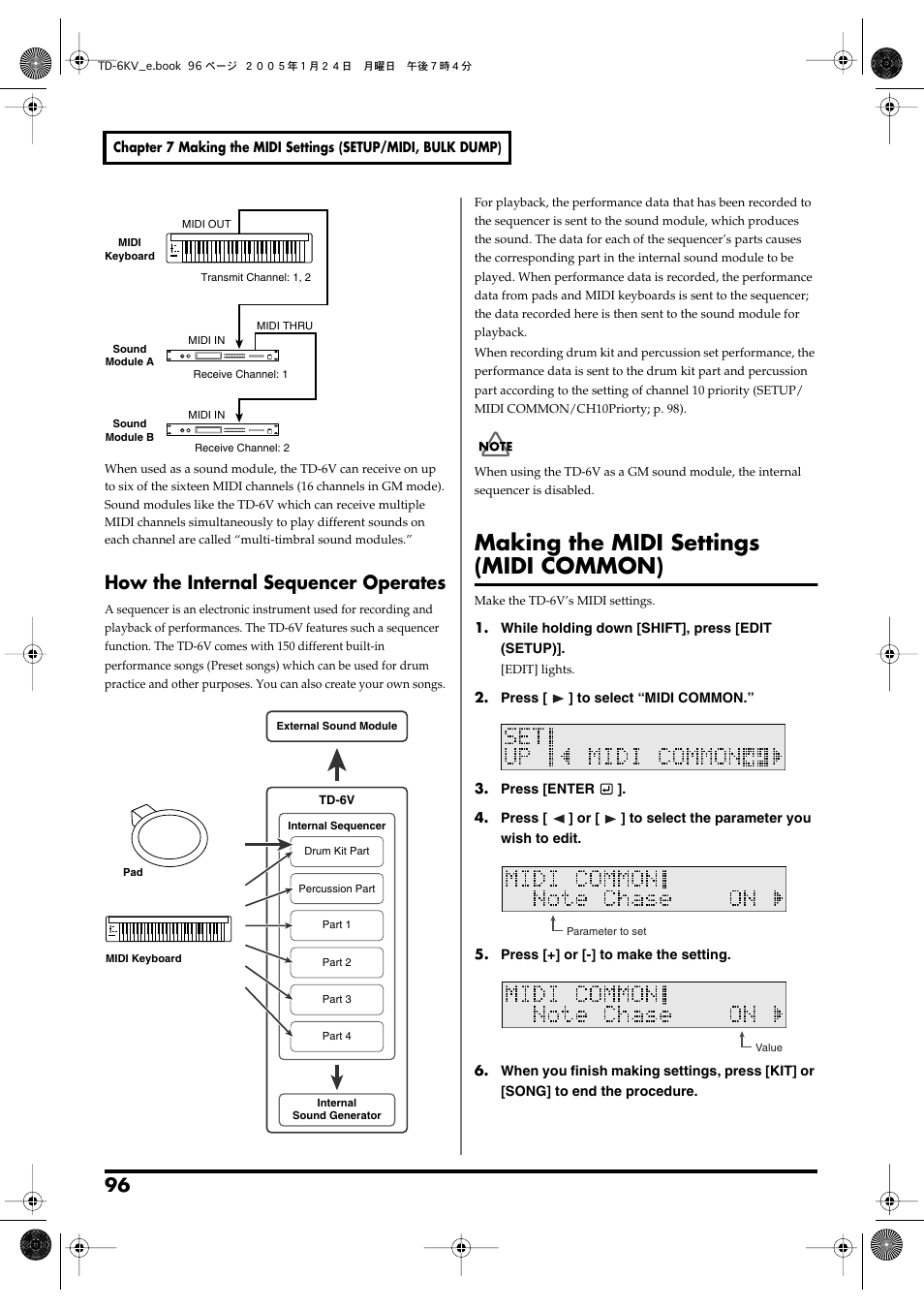 How the internal sequencer operates, Making the midi settings (midi common) | Roland TD-6V User Manual | Page 96 / 148