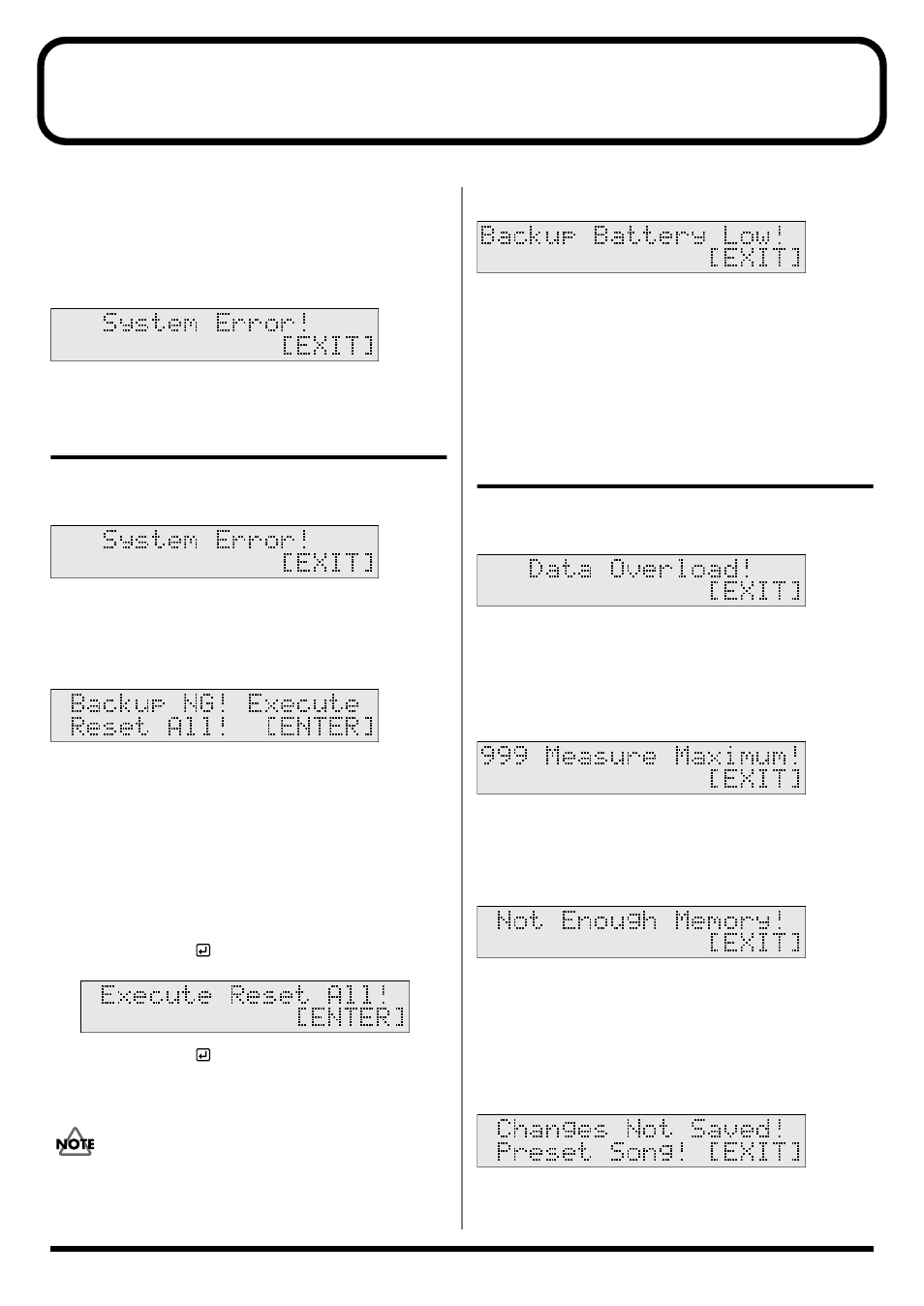 Messages and error messages, System and battery error messages, System error | Backup ng! execute reset all, Backup battery low, Data overload, 999 measure maximum, Changes not saved! preset song | Roland TD-6 User Manual | Page 116 / 160