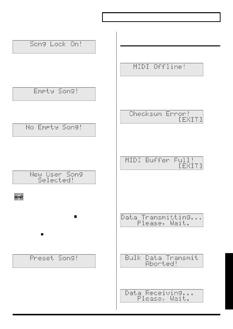 Messages and error messages related to midi, Song lock on, Empty song | No empty song, New user song selected, Preset song, Midi offline, Checksum error, Midi buffer full, Data transmitting... please, wait | Roland TD-6 User Manual | Page 117 / 160
