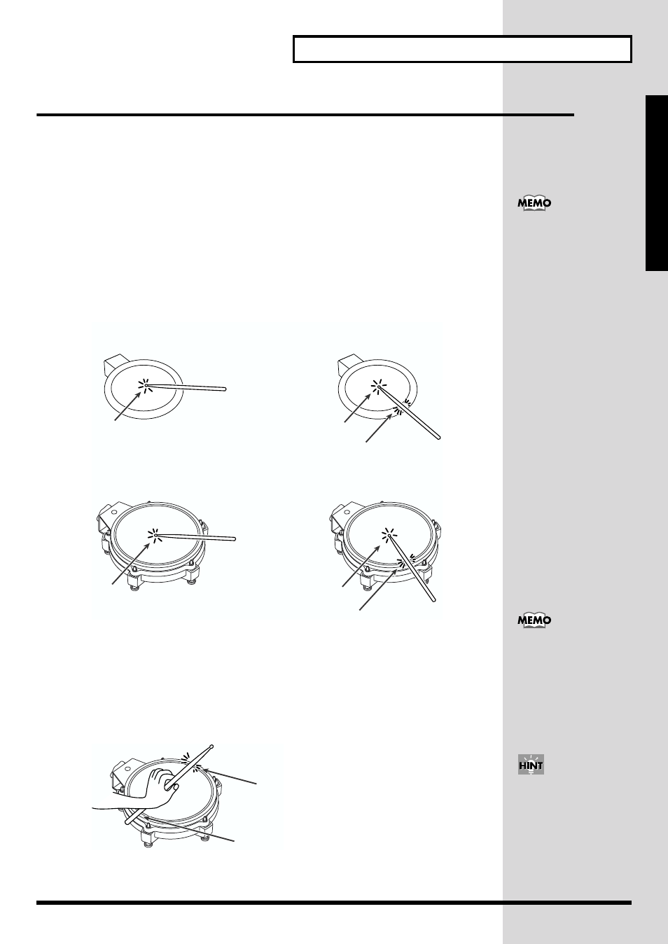 Playing the pads, Pad head shots and rim shots, Cross stick | Pad head shots and rim shots cross stick, Cross stick technique available (p. 37) | Roland TD-6 User Manual | Page 37 / 160