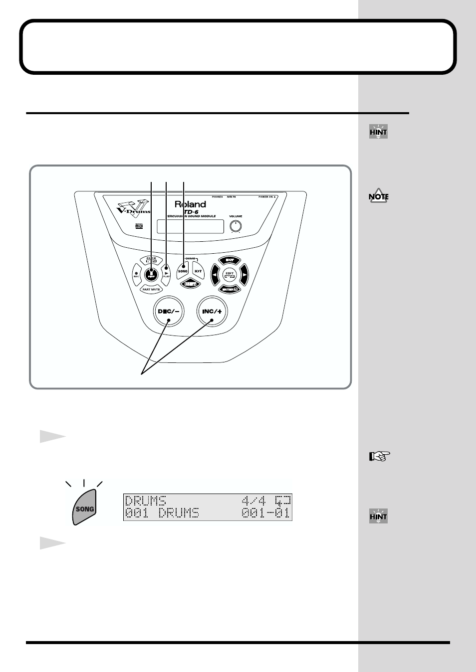 Playing along with songs, Choosing a song and playing back, Choosing a song | Song #1 (p. 46), you can | Roland TD-6 User Manual | Page 46 / 160