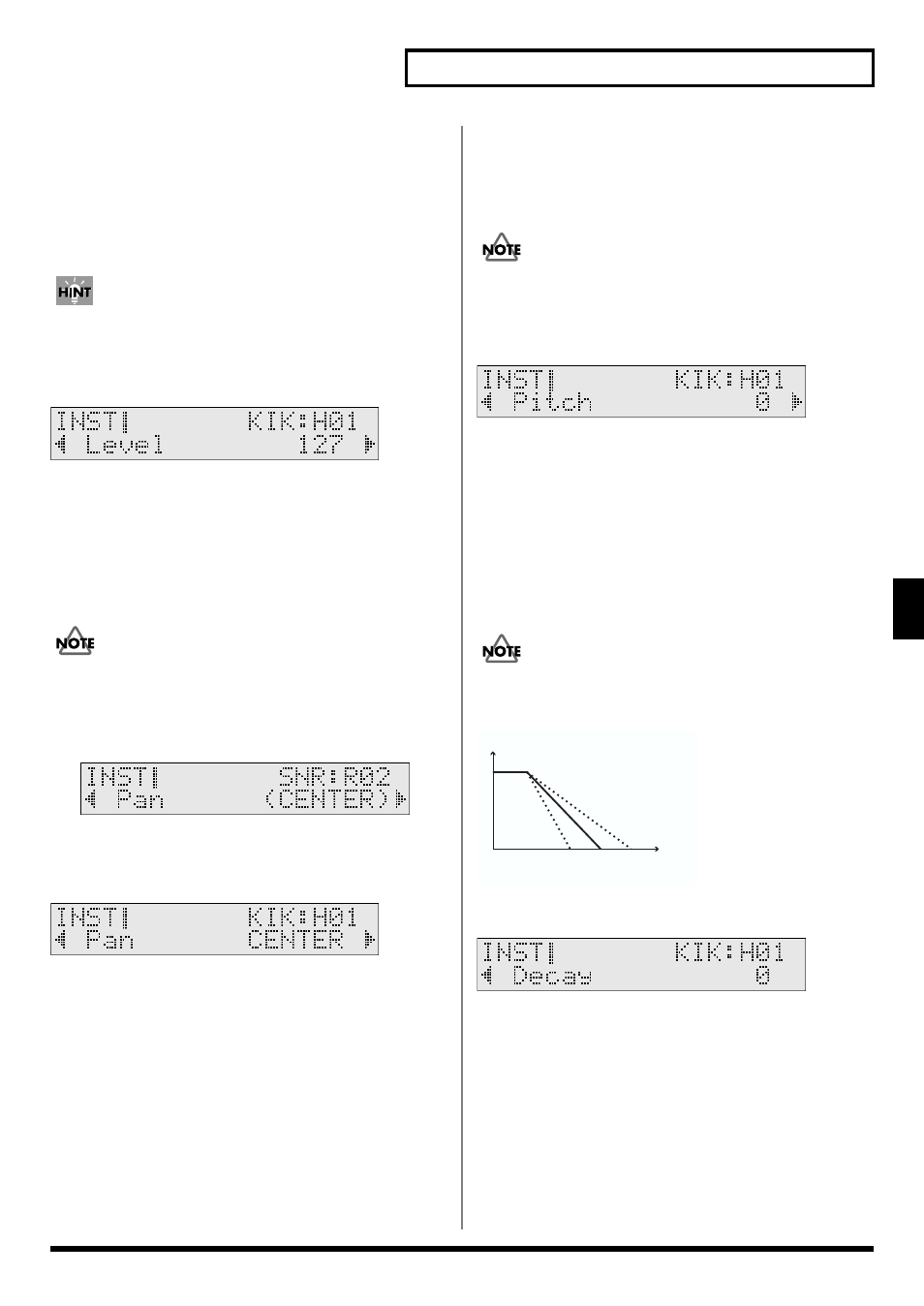 Adjusting the volume of the pad (level), Setting the pan position (pan), Adjusting the pitch (pitch) | Adjusting the decay (length of sound) (decay) | Roland TD-6 User Manual | Page 61 / 160