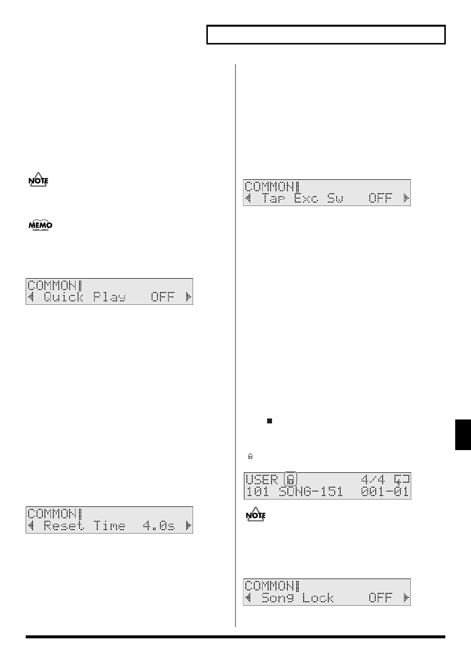 Reset time when using tap playback (reset time), Protecting user song settings (song lock), Quick play; p. 87) | Reset time; p. 87), Tap exc sw; p. 87), Common/tap exc sw; p. 87), Common/song lock; p. 87) set to “on” cannot be | Roland TD-6 User Manual | Page 87 / 160